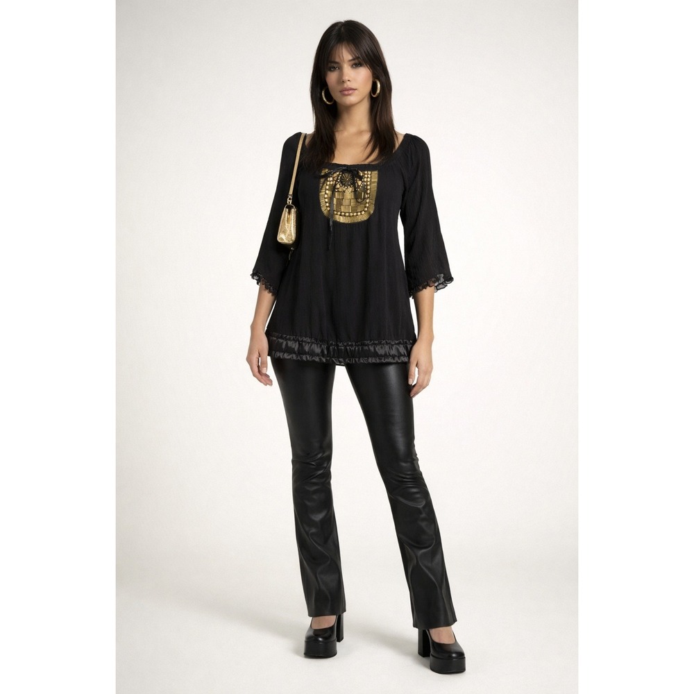 Bebe Silk Embellished Boho Tunic Top Large Black Y2K‎ Festival Statement Blouse